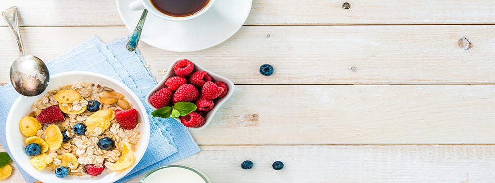 Breakfast cereal, berries and coffee