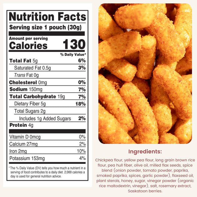 Nutrition facts label and image of chickpea flour products with ingredients listed.