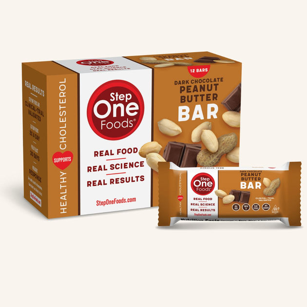 Front View of Dark Chocolate Peanut Butter Bars carton containing 12 servings and a single serving bar on a cream colored background, 492g
