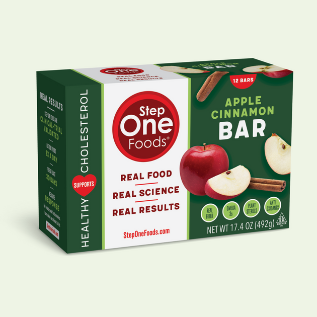 Front View of Apple Cinnamon Bars carton containing 12 servings on a light green colored background, 492g