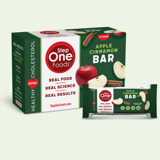 Front View of Apple Cinnamon Bars carton containing 12 servings and a single serving bar on a light green colored background, 492g