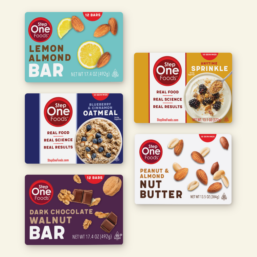 Five Step One Foods snack bar packages arranged in a 2x3 grid on a light beige background. The packages include Lemon Almond Bar, Blueberry & Cinnamon Oatmeal, Sprinkle, Peanut & Almond Nut Butter, and Dark Chocolate Walnut Bar.