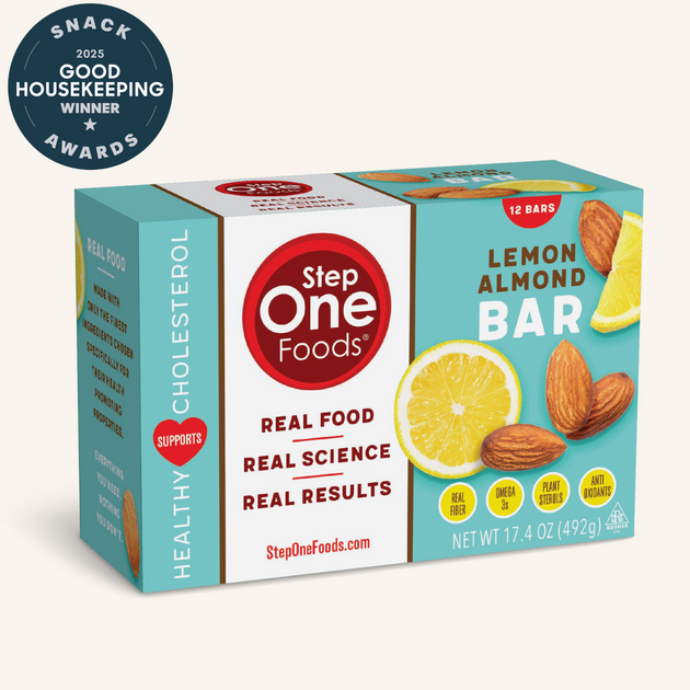 Box of Step One Foods Lemon Almond Bars with Good Housekeeping Award badge on a white background