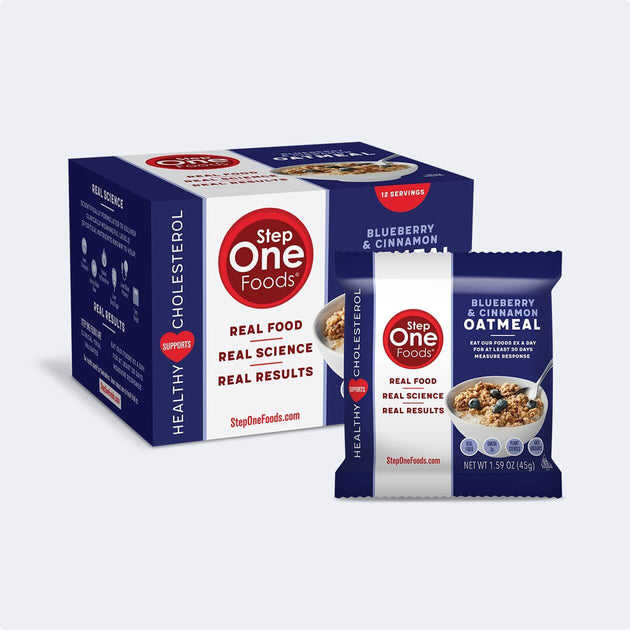 Front view of the Blueberry Oatmeal Box of 12 and a single package
