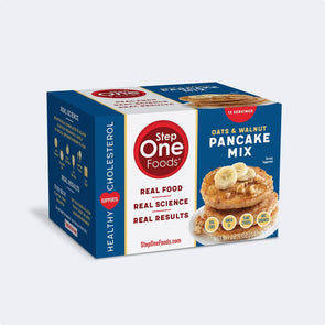 Front View of Whole Oats & Walnut Pancake Mix box of 12 servings on a solid light grey background, 648g