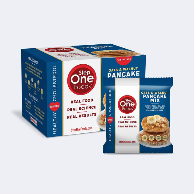 Front view of the Whole Oats & Walnut Pancake Mix Box of 12 and a single serving package