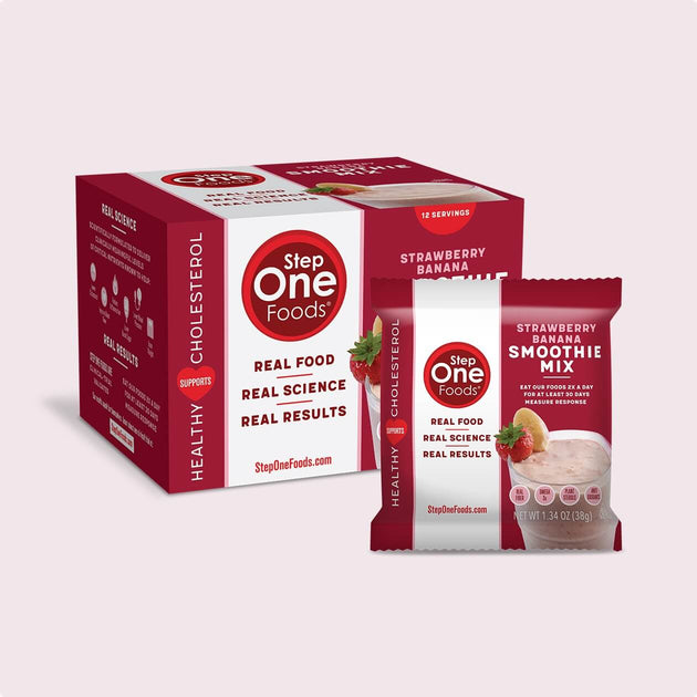 Front view of the Strawberry Banana Smoothie Mix Box of 12 servings and a single package serving