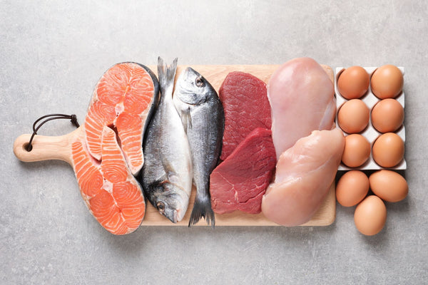 Animal protein foods including meat, fish, eggs, and dairy