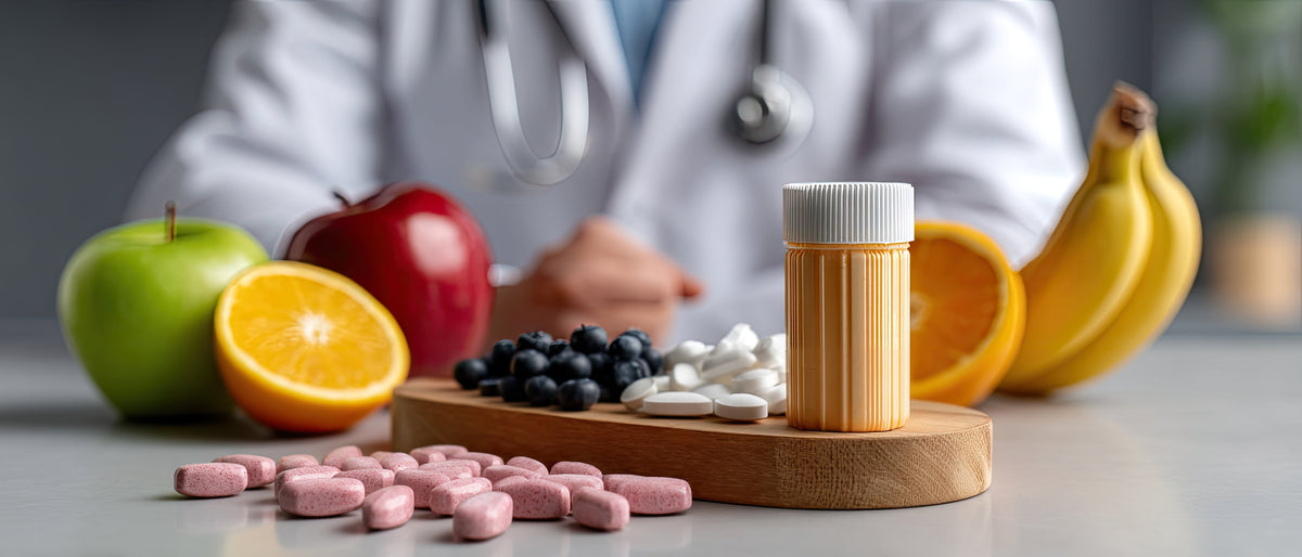 Doctor in a white coat behind fresh fruit, a pill bottle, and scattered pills