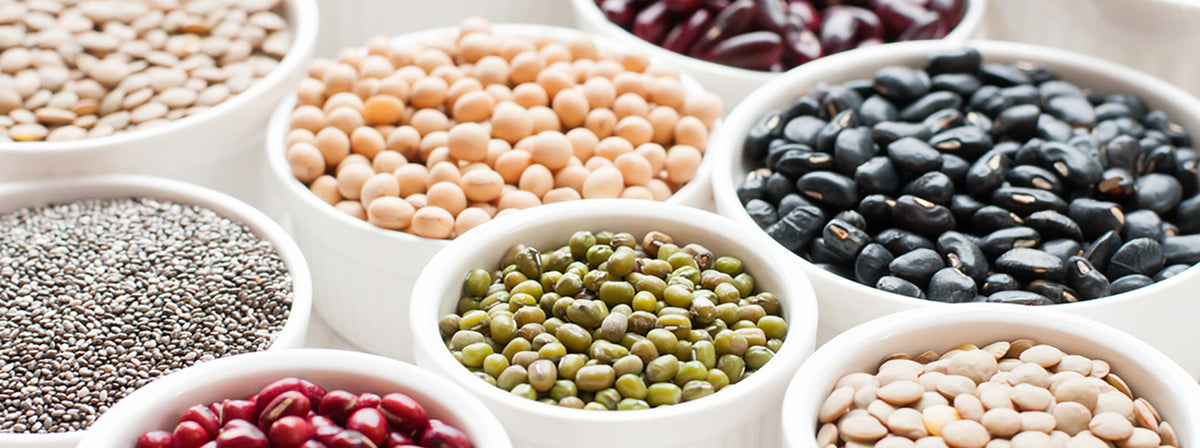 A wooden bowl of cooked beans beside dried beans on a table