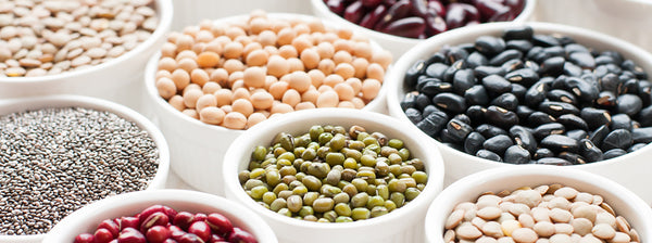 A wooden bowl of cooked beans beside dried beans on a table