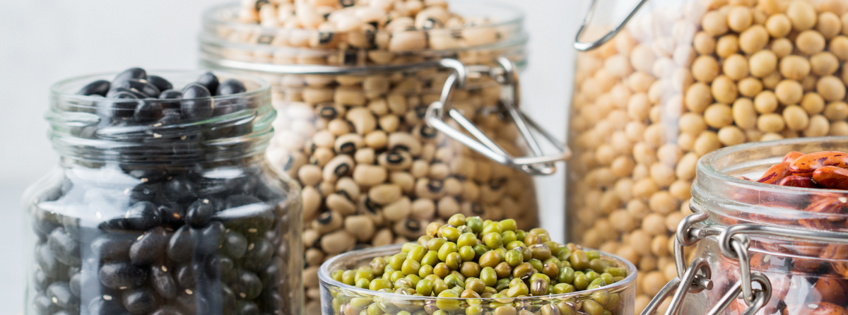 High-fiber whole foods including oats, beans, nuts, and fruit