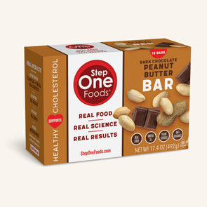 Front View of Dark Chocolate Peanut Butter Bars carton containing 12 servings on a cream colored background, 492g